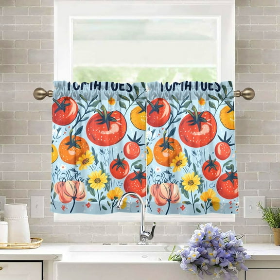 Yayeee Kitchen Curtains Light Filtering 27"x36" Rod Pocket Short Cafe Window Panel, Yellow Floral Tomatoes