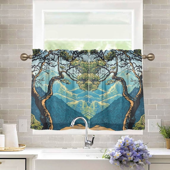 Yayeee Kitchen Curtains Tier Pair Light Filtering 27"x36" Rod Pocket Short Cafe Window Panel, Yellow Tree