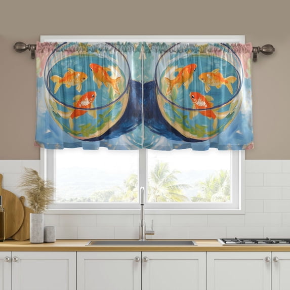 Yayeee Kitchen Curtains Tier Set of 2 Light Filtering 57"x24" Over Sink Window Panels, Art Goldfish