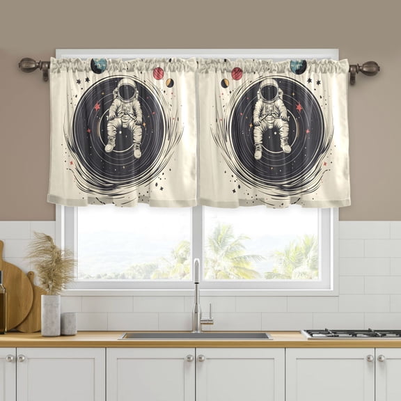 Yayeee Kitchen Curtains Tier Set of 2 Light Filtering 57"x24" Over Sink Window Panels, Beige Astronaut Space