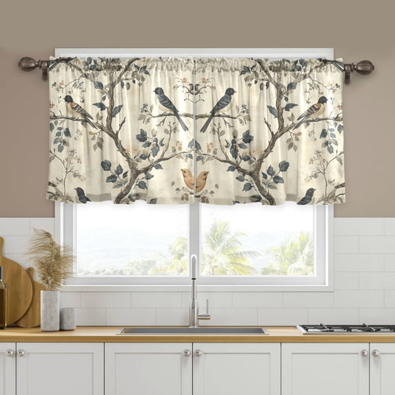 Yayeee Kitchen Curtains Tier Set of 2 Light Filtering 57"x24" Over Sink Window Panels, Beige Birds