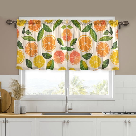 Yayeee Kitchen Curtains Tier Set of 2 Light Filtering 57"x24" Over Sink Window Panels, Beige Citrus Leaves
