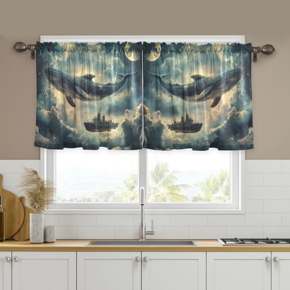 Yayeee Kitchen Curtains Tier Set of 2 Light Filtering 57"x24" Over Sink Window Panels, Beige Floating Whale