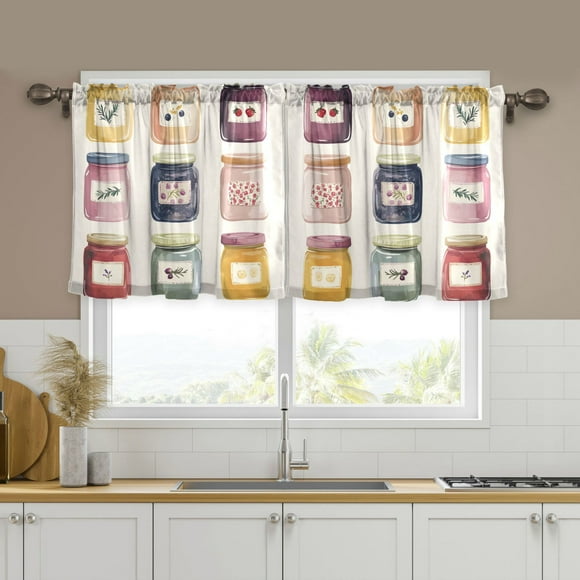 Yayeee Kitchen Curtains Set of 2 Light Filtering 57"x24" Over Sink Window Panels, Beige Jam Jars