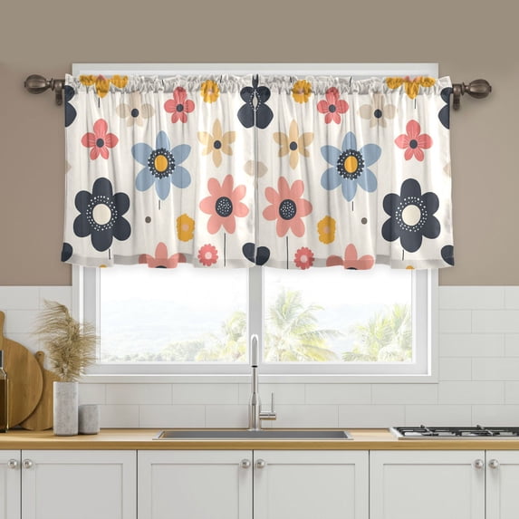Yayeee Kitchen Curtains Tier Set of 2 Light Filtering 57"x24" Over Sink Window Panels, Beige Retro Flower