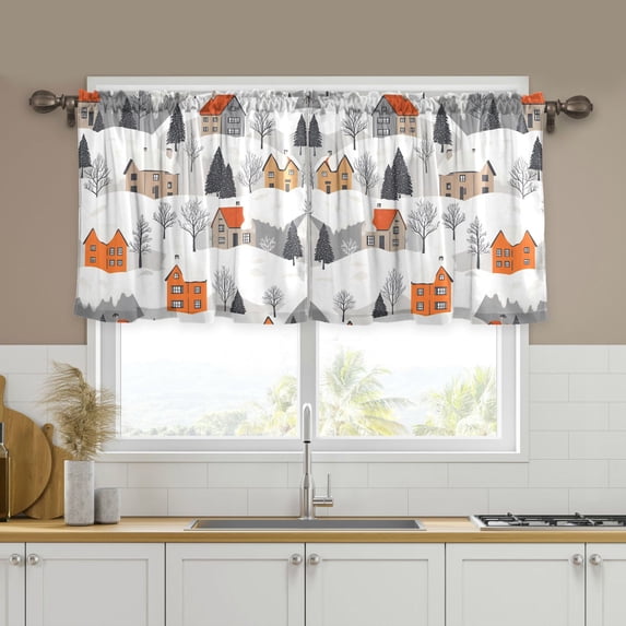 Yayeee Kitchen Curtains Tier Set of 2 Light Filtering 57"x24" Over Sink Window Panels, Beige Snow Houses