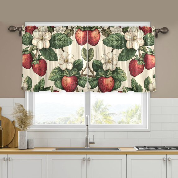 Yayeee Kitchen Curtains Tier Set of 2 Light Filtering 57"x24" Over Sink Window Panels, Beige Strawberry