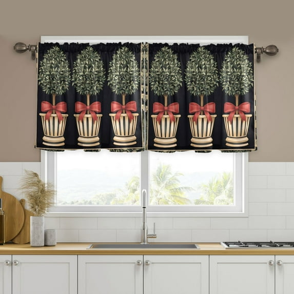 Yayeee Kitchen Curtains Tier Set of 2 Light Filtering 57"x24" Over Sink Window Panels, Beige Striped Trees