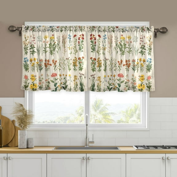 Yayeee Kitchen Curtains Tier Set of 2 Light Filtering 57"x24" Over Sink Window Panels, Beige Wildflowers