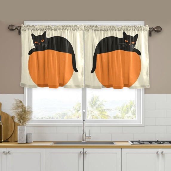 Yayeee Kitchen Curtains Tier Set of 2 Light Filtering 57"x24" Over Sink Window Panels, Black Cat Orange Ball