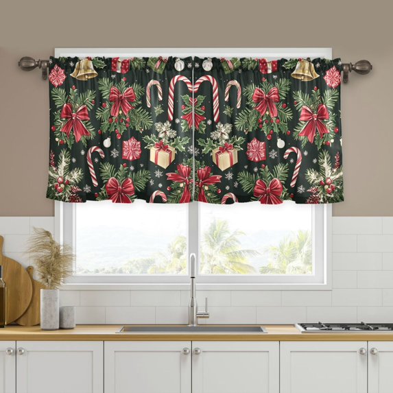 Yayeee Kitchen Curtains Tier Set of 2 Light Filtering 57"x24" Over Sink Window Panels, Black Christmas Holly
