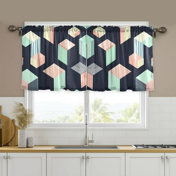 Yayeee Kitchen Curtains Set of 2 Light Filtering 57"x24" Over Sink Window Panels, Black Cubes