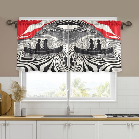 Yayeee Kitchen Curtains Tier Set of 2 Light Filtering 57"x24" Over Sink Window Panels, Black Illusionary Boat