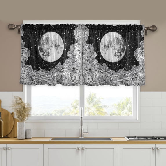 Yayeee Kitchen Curtains Tier Set of 2 Light Filtering 57"x24" Over Sink Window Panels, Black Moon