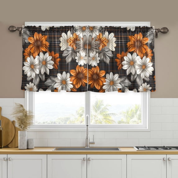 Yayeee Kitchen Curtains Tier Set of 2 Light Filtering 57"x24" Over Sink Window Panels, Black Plaid Floral