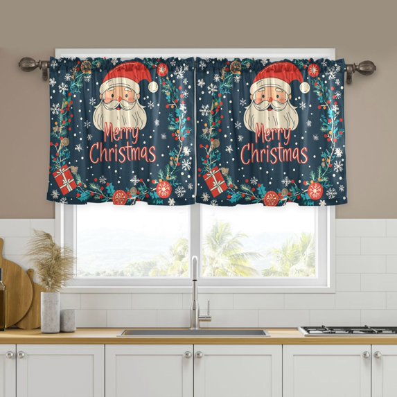 Yayeee Kitchen Curtains Tier Set of 2 Light Filtering 57"x24" Over Sink Window Panels, Blue Christmas Santa