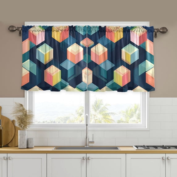 Yayeee Kitchen Curtains Tier Set of 2 Light Filtering 57"x24" Over Sink Window Panels, Blue Cubes
