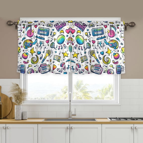 Yayeee Kitchen Curtains Set of 2 Light Filtering 57"x24" Over Sink Window Panels, Blue Doodle Pattern