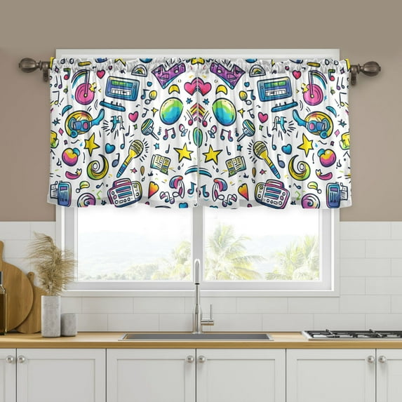 Yayeee Kitchen Curtains Tier Set of 2 Light Filtering 57"x24" Over Sink Window Panels, Blue Doodle Pattern
