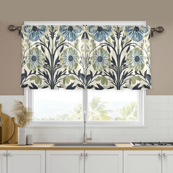 Yayeee Kitchen Curtains Tier Set of 2 Light Filtering 57"x24" Over Sink Window Panels, Blue Floral Pattern