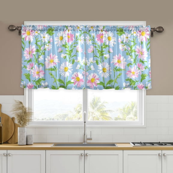 Yayeee Kitchen Curtains Tier Set of 2 Light Filtering 57"x24" Over Sink Window Panels, Blue Floral