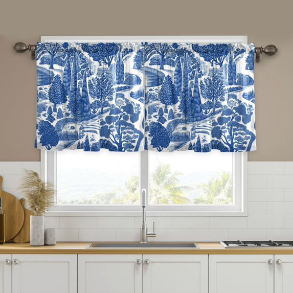 Yayeee Kitchen Curtains Tier Set of 2 Light Filtering 57"x24" Over Sink Window Panels, Blue Garden Pattern