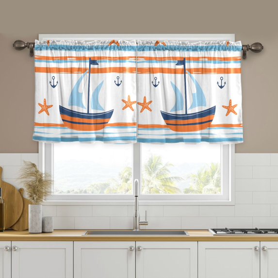 Yayeee Kitchen Curtains Tier Set of 2 Light Filtering 57"x24" Over Sink Window Panels, Blue Nautical Pattern
