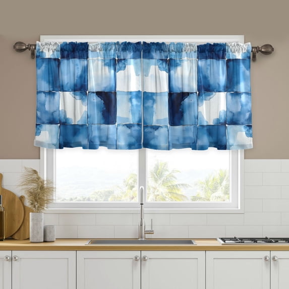 Yayeee Kitchen Curtains Tier Set of 2 Light Filtering 57"x24" Over Sink Window Panels, Blue Pattern
