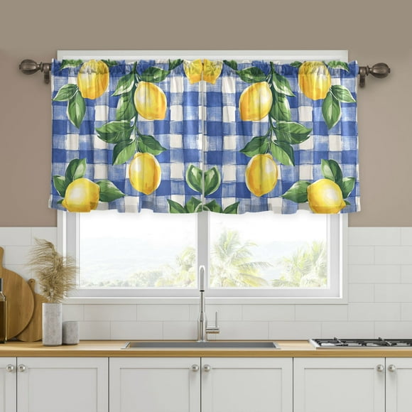 Yayeee Kitchen Curtains Set of 2 Light Filtering 57"x24" Over Sink Window Panels, Blue Plaid Lemon
