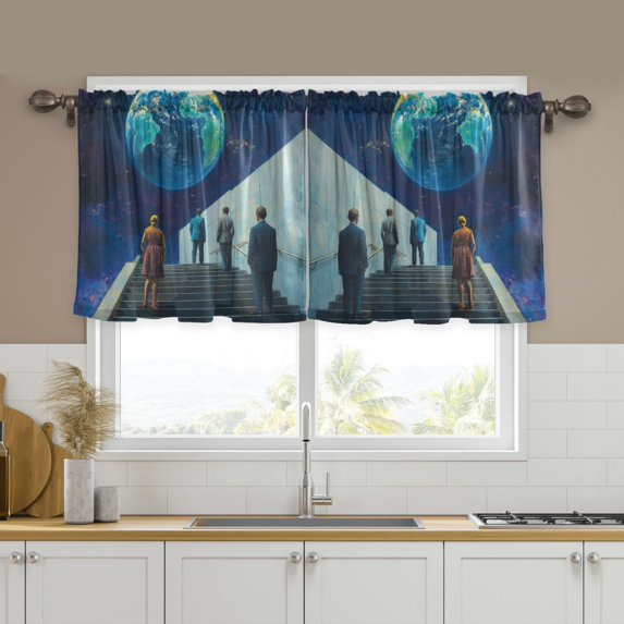 Yayeee Kitchen Curtains Set of 2 Light Filtering 57"x24" Over Sink Window Panels, Blue Planet