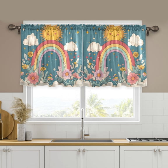 Yayeee Kitchen Curtains Tier Set of 2 Light Filtering 57"x24" Over Sink Window Panels, Blue Rainbow
