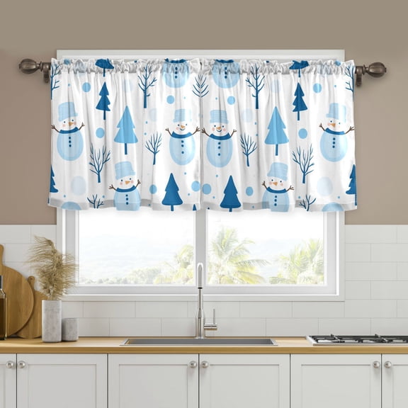 Yayeee Kitchen Curtains Tier Set of 2 Light Filtering 57"x24" Over Sink Window Panels, Blue Simple Cartoon Snowmen