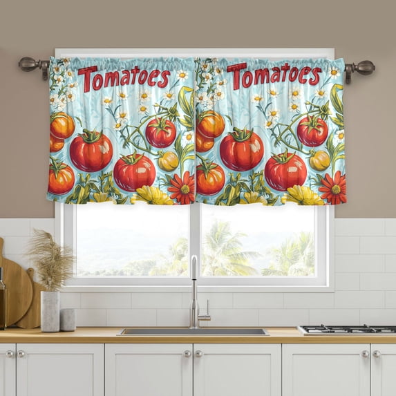 Yayeee Kitchen Curtains Tier Set of 2 Light Filtering 57"x24" Over Sink Window Panels, Blue Tomatoes