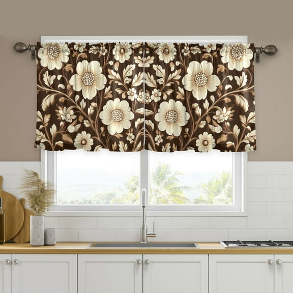 Yayeee Kitchen Curtains Tier Set of 2 Light Filtering 57"x24" Over Sink Window Panels, Brown Floral