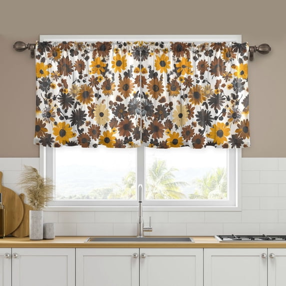 Yayeee Kitchen Curtains Tier Set of 2 Light Filtering 57"x24" Over Sink Window Panels, Brown Flowers
