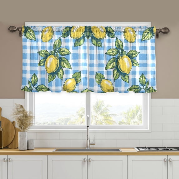 Yayeee Kitchen Curtains Tier Set of 2 Light Filtering 57"x24" Over Sink Window Panels, Cartoon Plaid Lemon