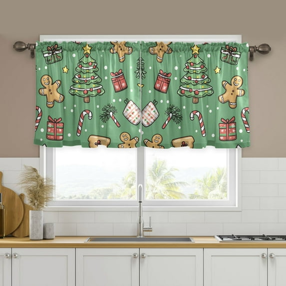 Yayeee Kitchen Curtains Tier Set of 2 Light Filtering 57"x24" Over Sink Window Panels, Christmas Cookies