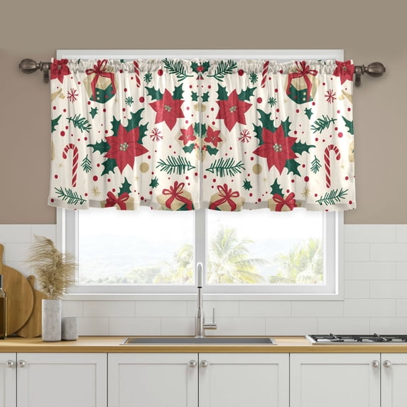 Yayeee Kitchen Curtains Tier Set of 2 Light Filtering 57"x24" Over Sink Window Panels, Christmas Floral