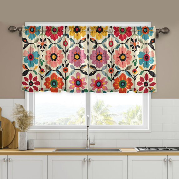 Yayeee Kitchen Curtains Tier Set of 2 Light Filtering 57"x24" Over Sink Window Panels, Colorful Flowers