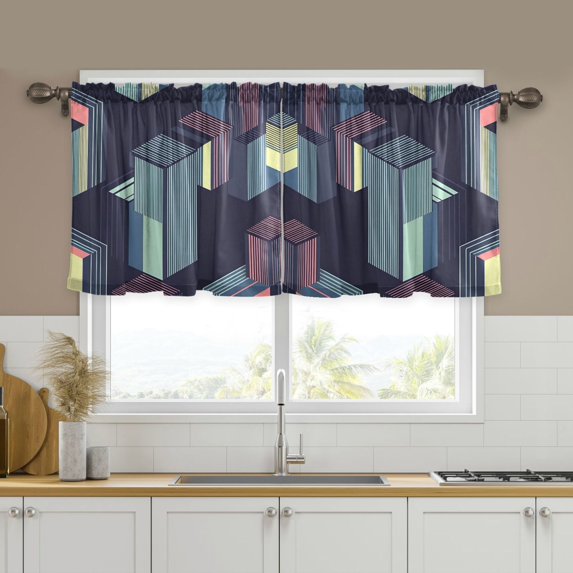 Yayeee Kitchen Curtains Tier Set of 2 Light Filtering 57"x24" Over Sink Window Panels, Cube Stripes