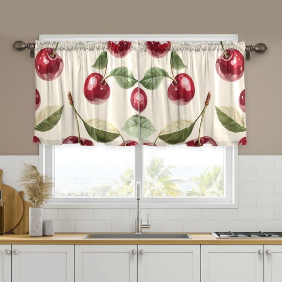 Yayeee Kitchen Curtains Tier Set of 2 Light Filtering 57"x24" Over Sink Window Panels, Cute Cherry