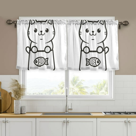 Yayeee Kitchen Curtains Set of 2 Light Filtering 57"x24" Over Sink Window Panels, Cute Chubby Cat