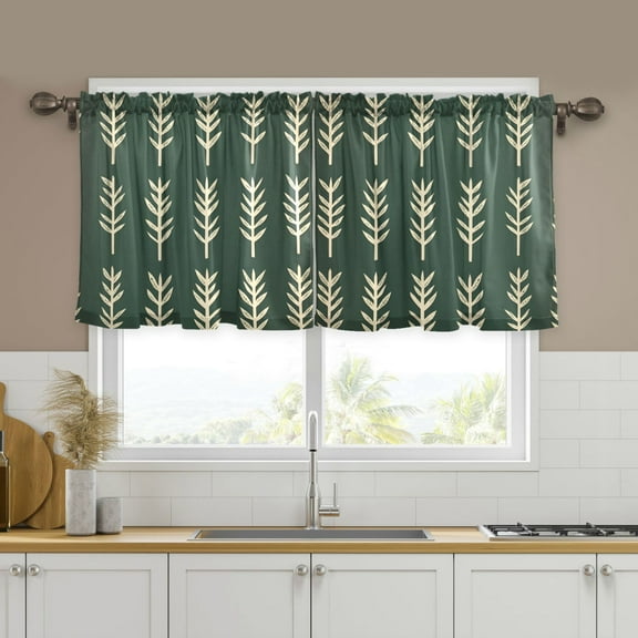 Yayeee Kitchen Curtains Tier Set of 2 Light Filtering 57"x24" Over Sink Window Panels, Dark Green Leaves