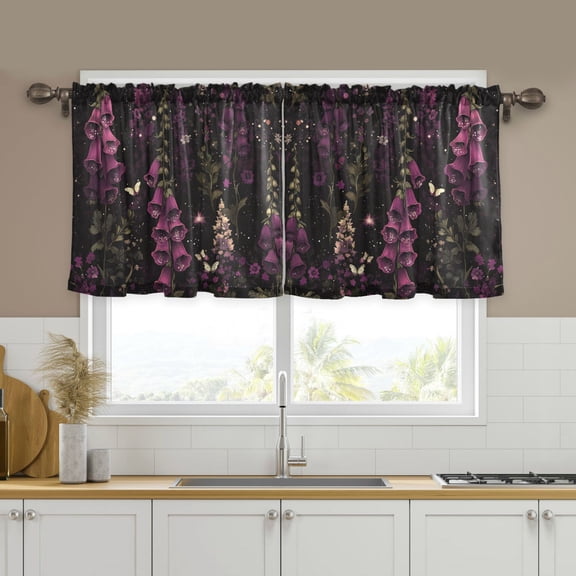 Yayeee Kitchen Curtains Tier Set of 2 Light Filtering 57"x24" Over Sink Window Panels, Dark Purple Floral Pattern