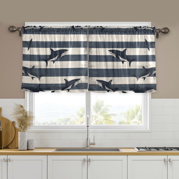 Yayeee Kitchen Curtains Tier Set of 2 Light Filtering 57"x24" Over Sink Window Panels, Dark Sharks