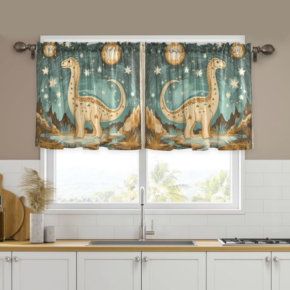 Yayeee Kitchen Curtains Tier Set of 2 Light Filtering 57"x24" Over Sink Window Panels, Dinosaur with Stars