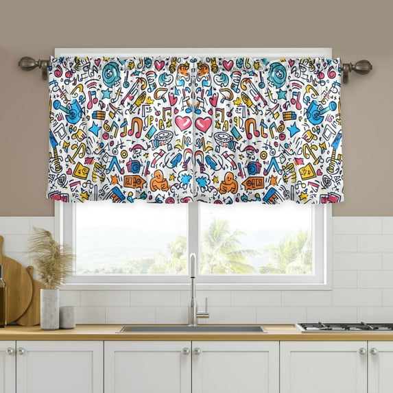 Yayeee Kitchen Curtains Tier Set of 2 Light Filtering 57"x24" Over Sink Window Panels, Doodle Pattern