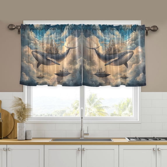 Yayeee Kitchen Curtains Tier Set of 2 Light Filtering 57"x24" Over Sink Window Panels, Floating Whale