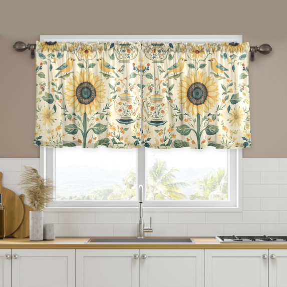 Yayeee Kitchen Curtains Tier Set of 2 Light Filtering 57"x24" Over Sink Window Panels, Floral Birds Pattern