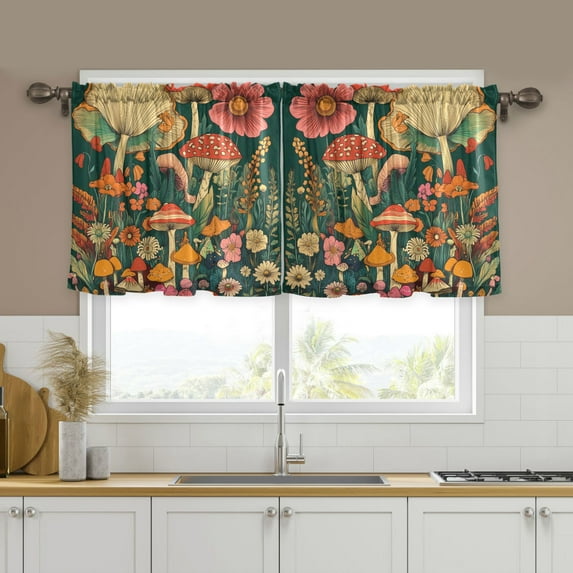 Yayeee Kitchen Curtains Set of 2 Light Filtering 57"x24" Over Sink Window Panels, Floral Mushroom